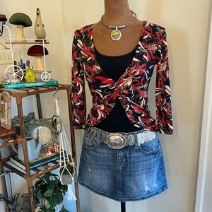 Vintage Artsy Red & Black Abstract Print Top w Subtle Gold Glitter by IZ Byer